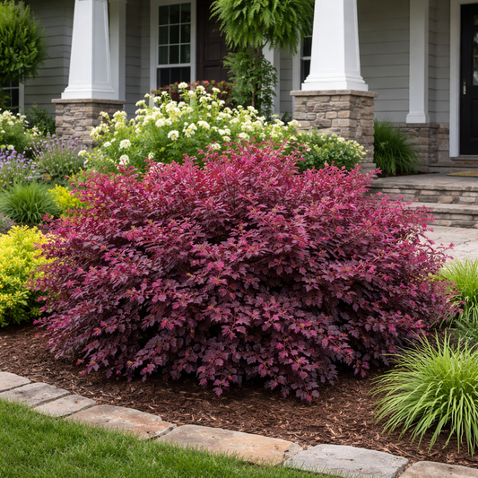 Purple bush in front of a house with greenery