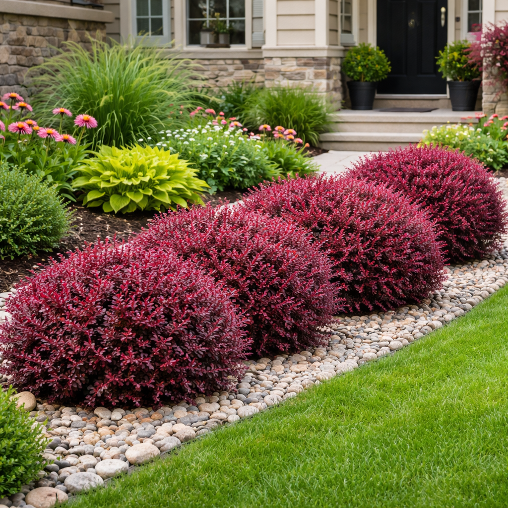 Red plant over rocks in front of a house