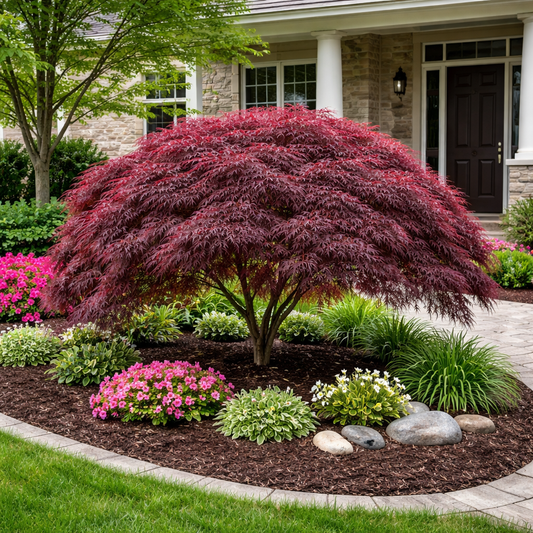 Lush garden with a purple-leaved tree in front of a house