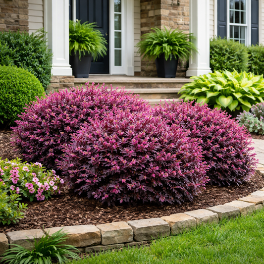 Purple bush in a garden bed with a house in the background