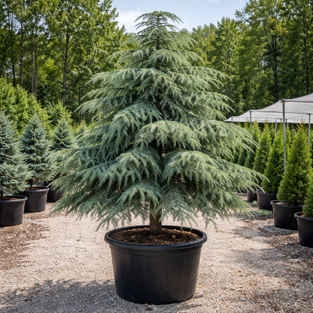 Large potted tree in a nursery setting with other trees and pots in the background.