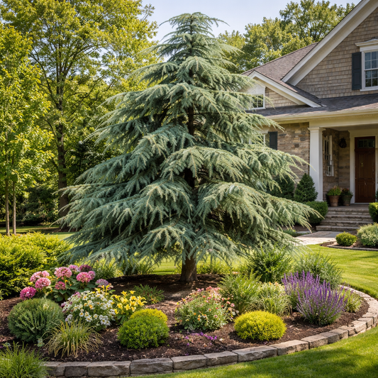 Lush garden with a large evergreen tree in front of a house