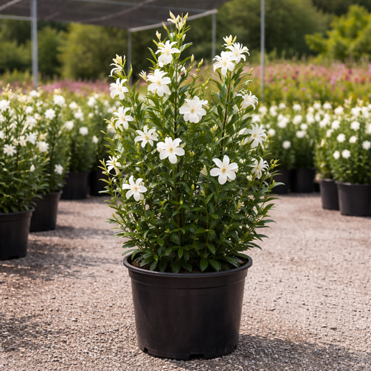 Green plant with white blooms in black pot at nursery