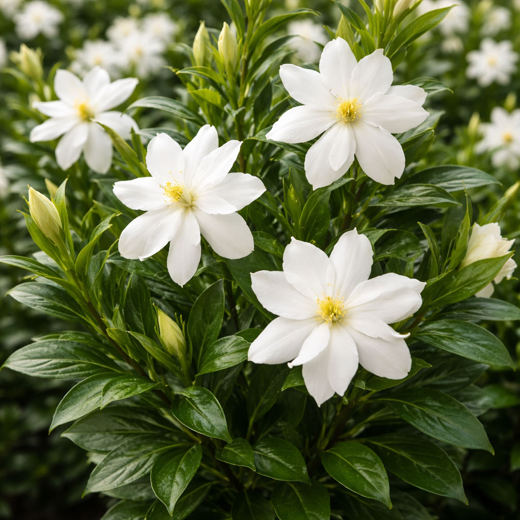 Green plant up close with white bloom and yellow centers