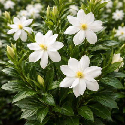 Green plant up close with white bloom and yellow centers