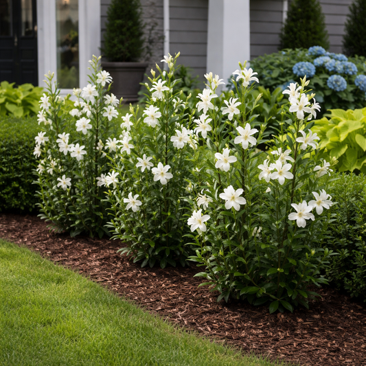 Green plants white blooms in front of house