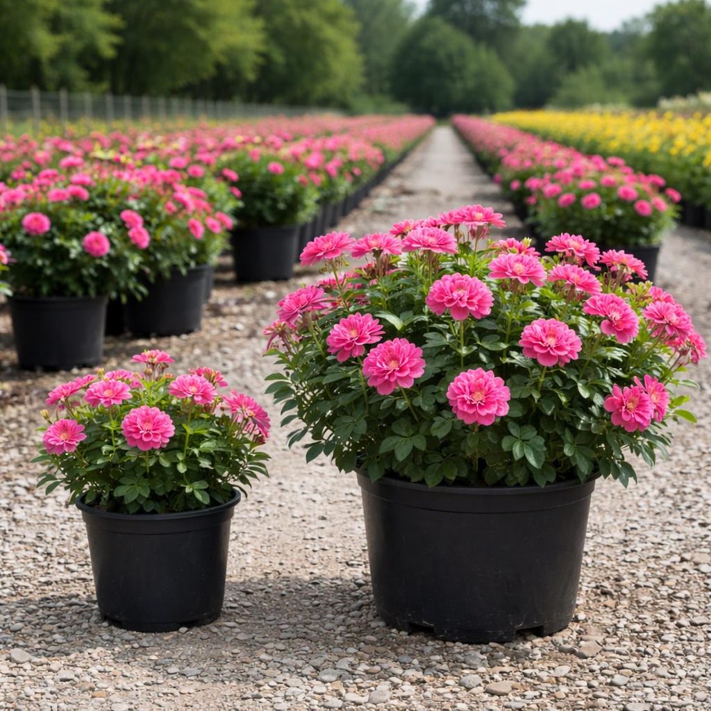 Row of potted pink flowering plants in a garden setting