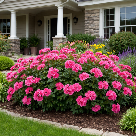 Bouquet of pink flowers in front of a house with a stone facade and white columns.