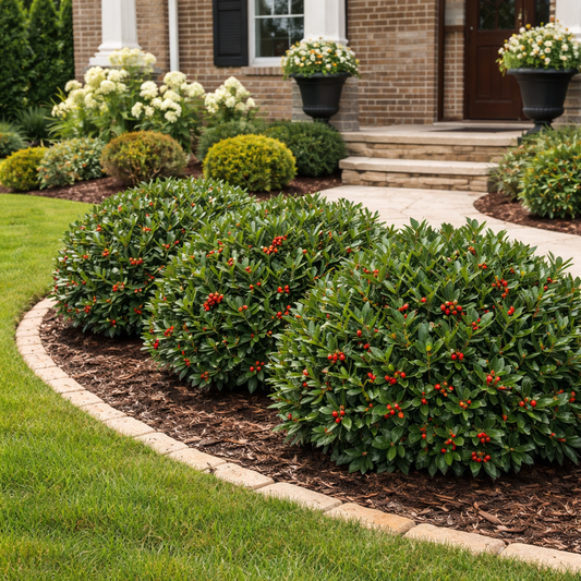 Green shrubs with red berries in a garden bed in front of a brick house.