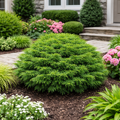 Green shrub in a garden with pink flowers and a stone wall in the background