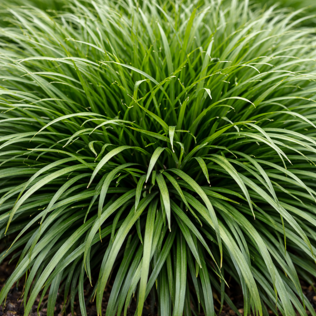 Close-up of a green grass plant with long, thin leaves.