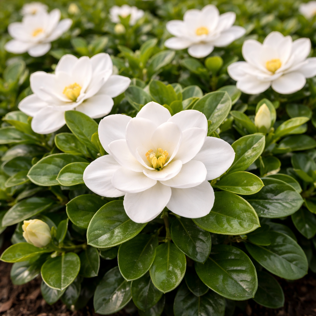 Dwarf Radicans Gardenia up close showing green plant with glossy leaves and white bloom