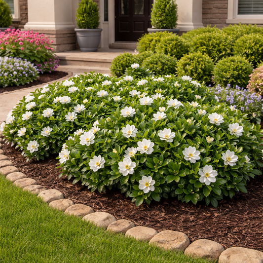 Green plant white blooms in front of house