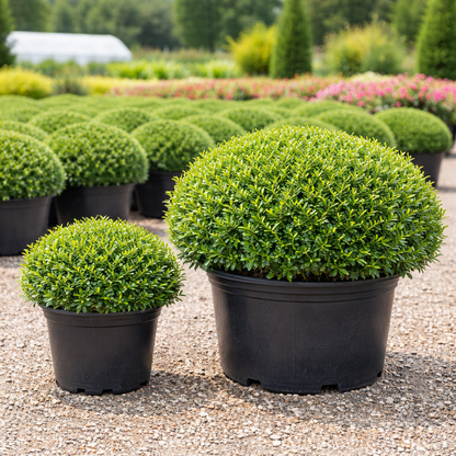 Potted shrubs in a garden setting with other plants in the background