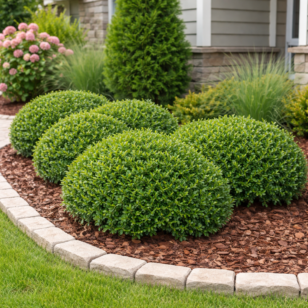 Neatly trimmed shrubs in a garden bed with a stone border and house in the background
