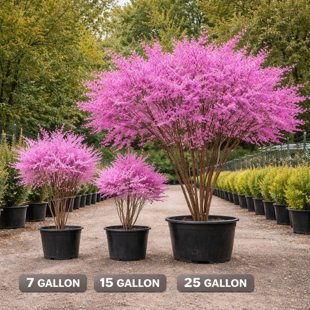 Row of potted trees with pink flowers, labeled 7 Gallon, 15 Gallon, and 25 Gallon, with a natural outdoor setting.
