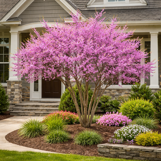 Pink flowering tree in front of a house with well-maintained garden