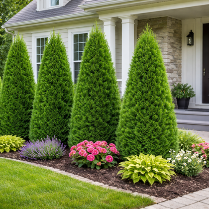 Lush green landscape with shrubs and flowers in front of a house