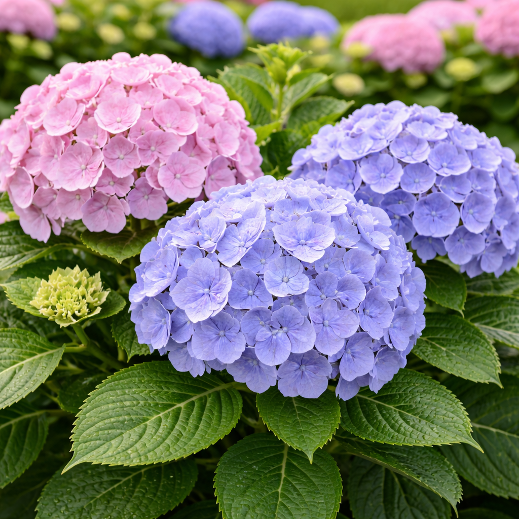 Close-up of pink and blue hydrangea flowers with green leaves.