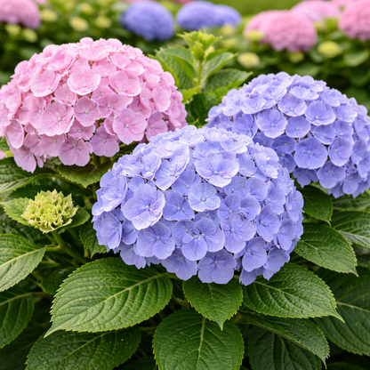 Close-up of pink and blue hydrangea flowers with green leaves.