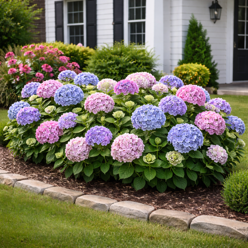 Colorful hydrangeas in a garden bed with a house in the background