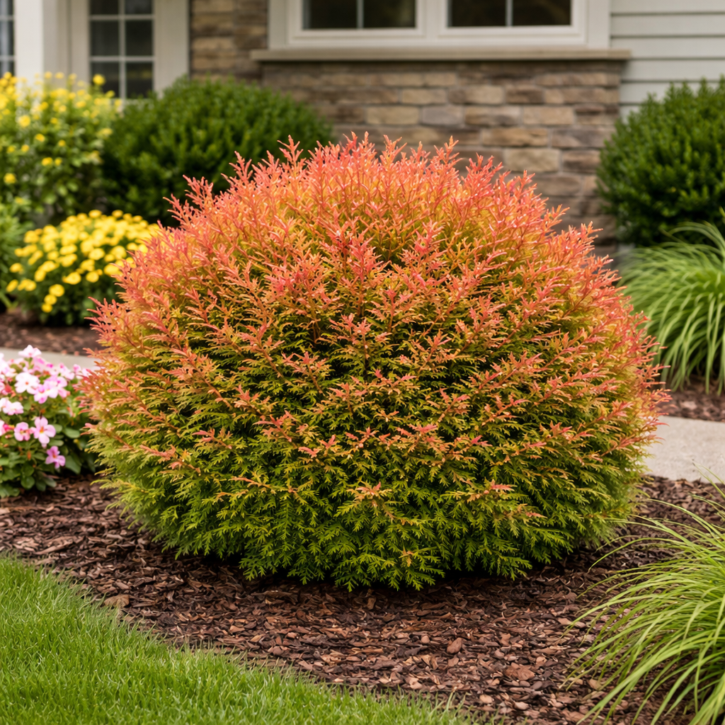 Shrub with orange and green leaves in a garden setting