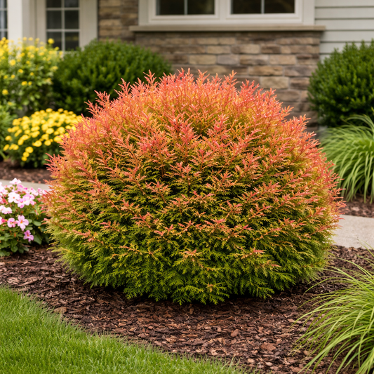 Shrub with orange and green leaves in a garden setting