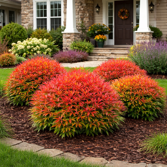 Colorful shrubs in a garden with a house in the background