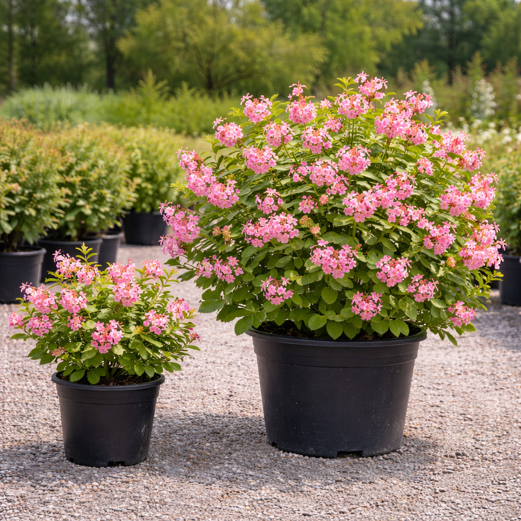 Two potted plants with pink flowers in a garden setting