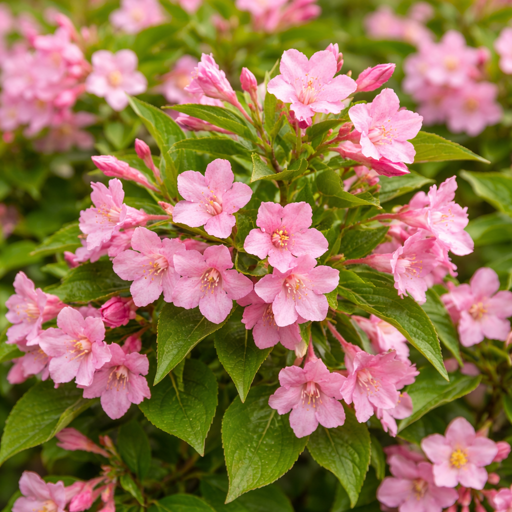 Close-up of pink flowers with green leaves in a garden setting