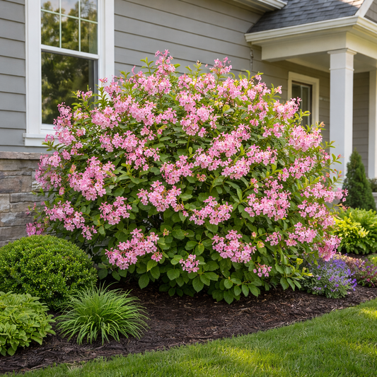 Pink flowering bush in front of a house with green grass and shrubs.
