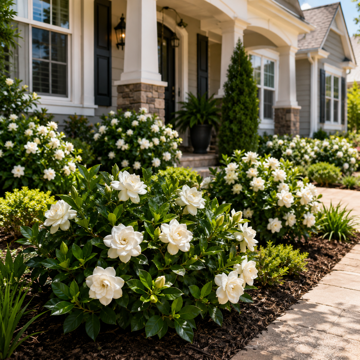A landscaped front yard with dense green shrubs, dark mulch beds, and abundant white flowers in bloom, set against a white-columned house exterior.