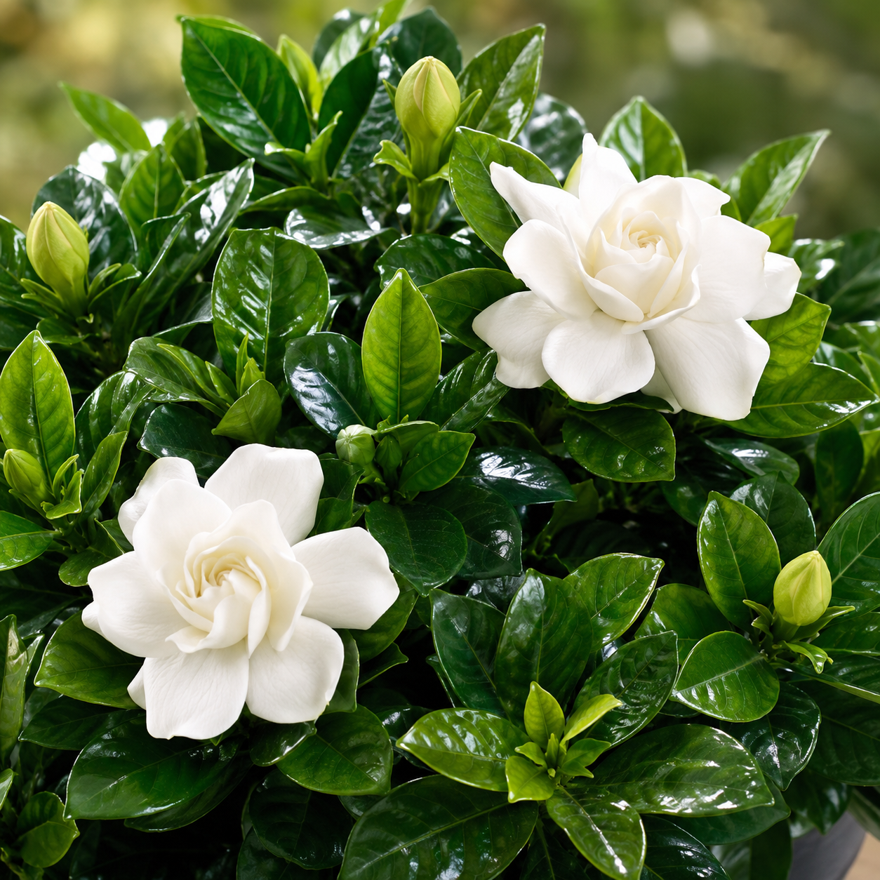 A close-up of a gardenia plant with two large white flowers and several green buds, surrounded by glossy dark green leaves.