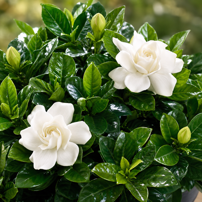 A close-up of a gardenia plant with two large white flowers and several green buds, surrounded by glossy dark green leaves.