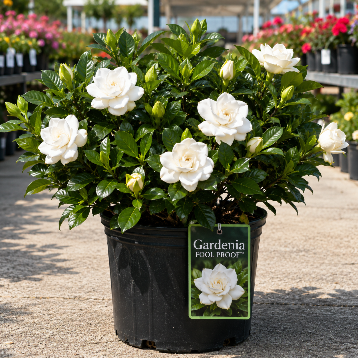 A potted gardenia plant with white flowers and green leaves in a black nursery pot, photographed outdoors at a garden center. A hanging tag reads 'Gardenia FOOL PROOF'.