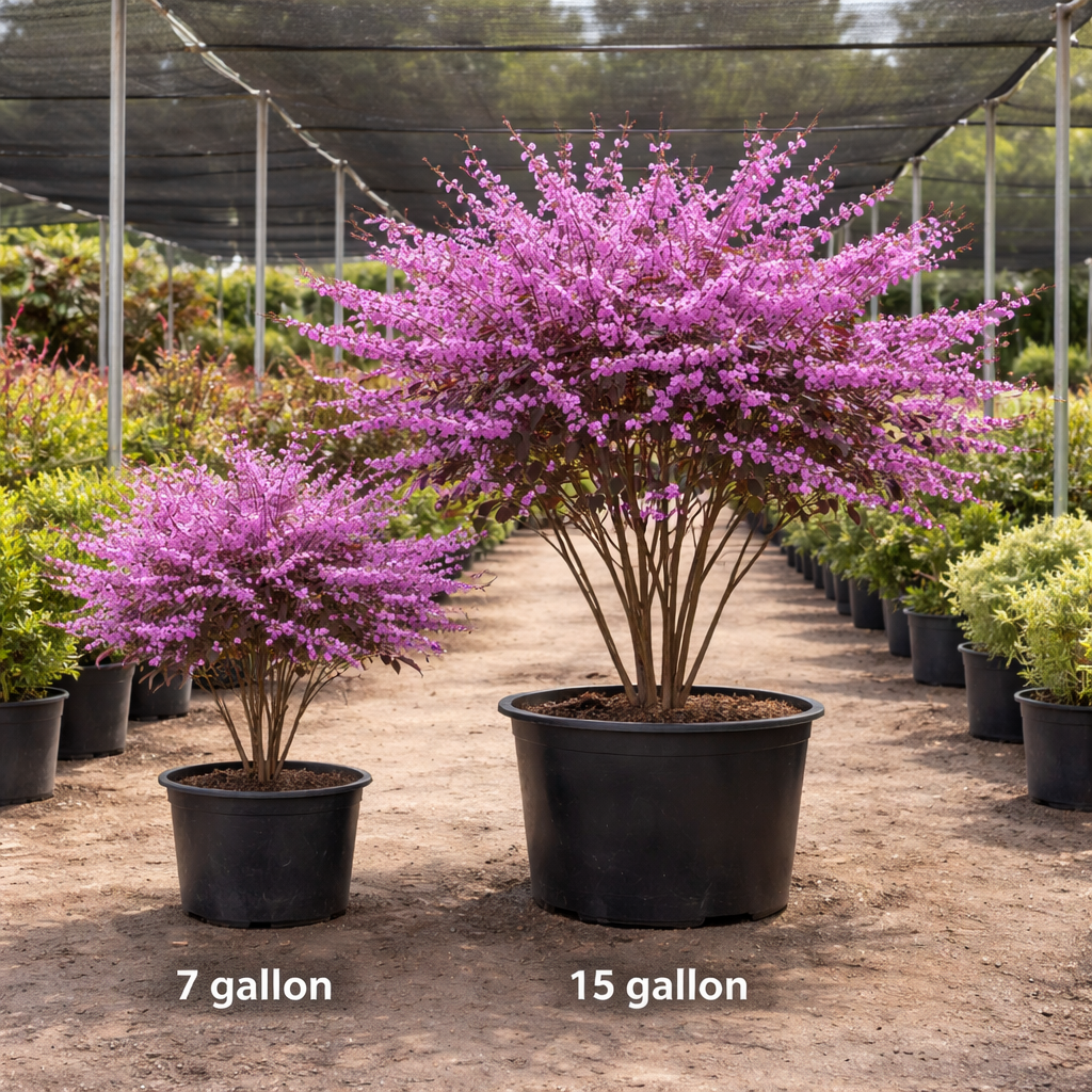 Two potted plants with purple flowers, one labeled 7 gallon and the other 15 gallon, in a nursery setting.