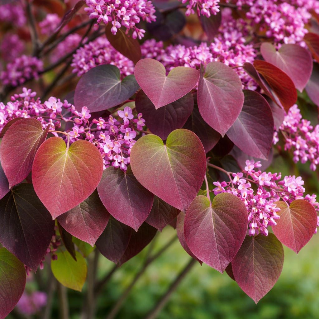 Close-up of pink flowers and leaves with a blurred green background