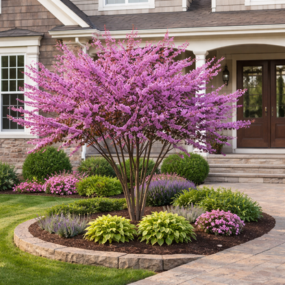 Lush garden with a pink flowering tree in front of a house