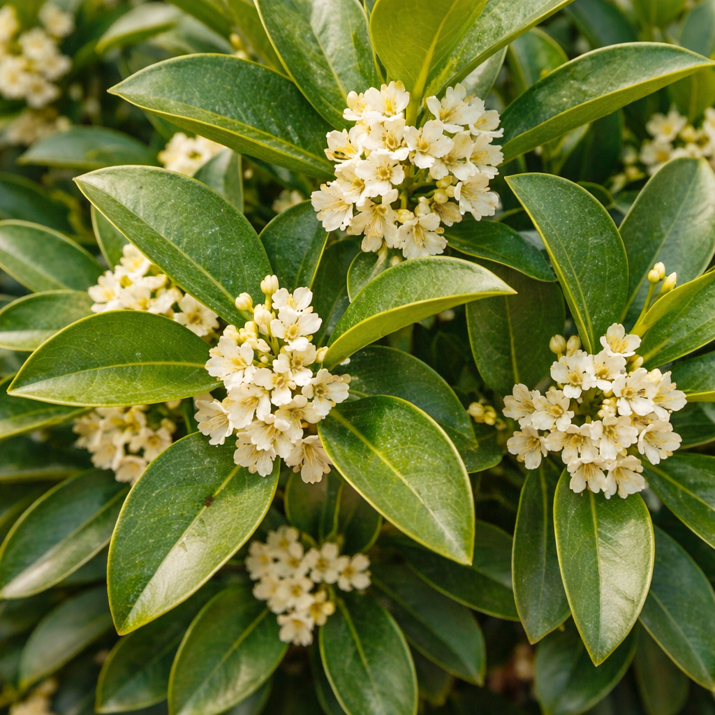 Close-up of green leaves and small white flowers