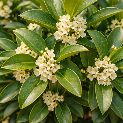 Close-up of green leaves and small white flowers