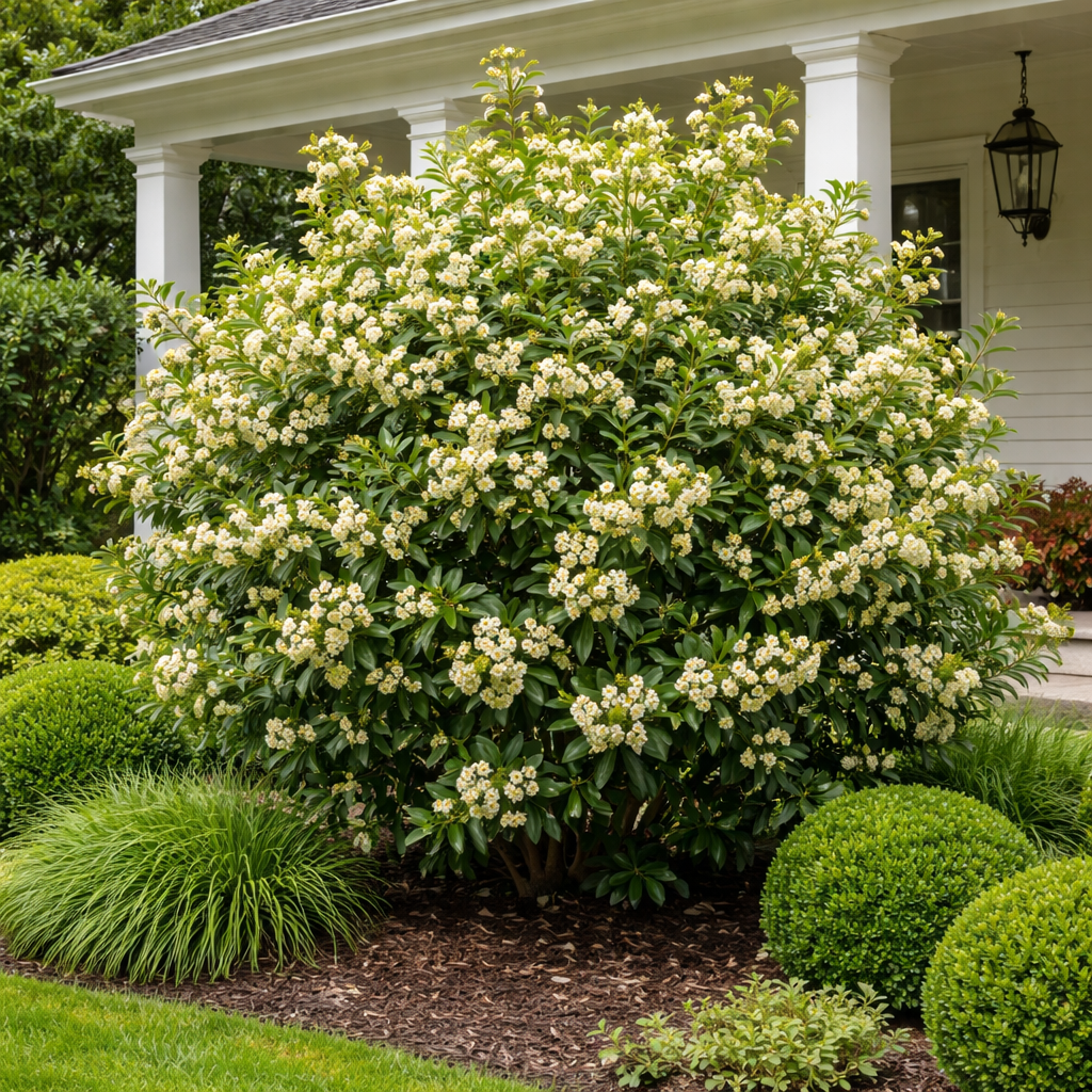 Flowering bush in front of a house with a white porch