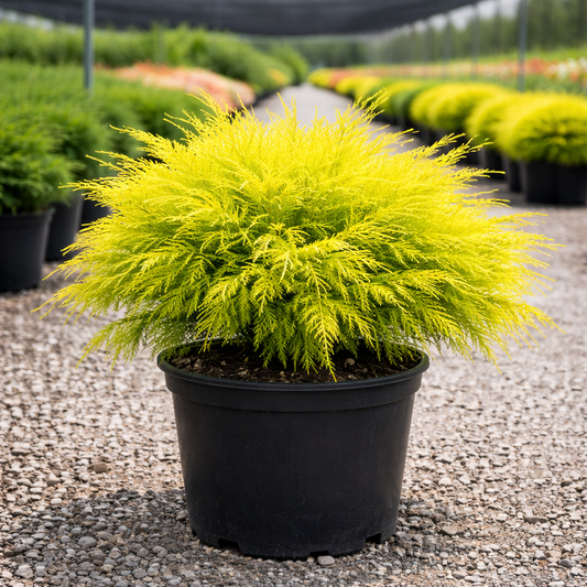 Potted yellow fern plant in a nursery setting