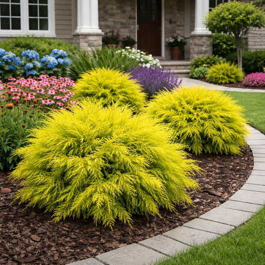 Yellow bushes in a garden with flowers and a house in the background