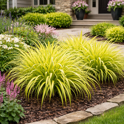 Lush garden with yellow grasses, pink flowers, and a house in the background