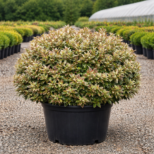 Potted plant with variegated leaves in a greenhouse setting