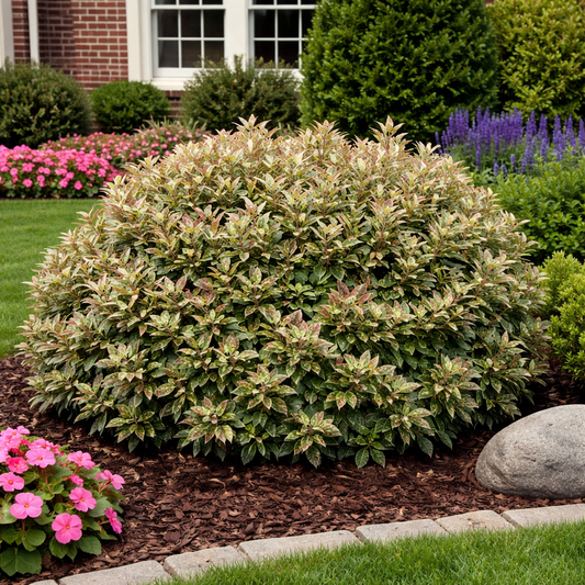 Variegated bush with pink flowers and a rock in a garden setting