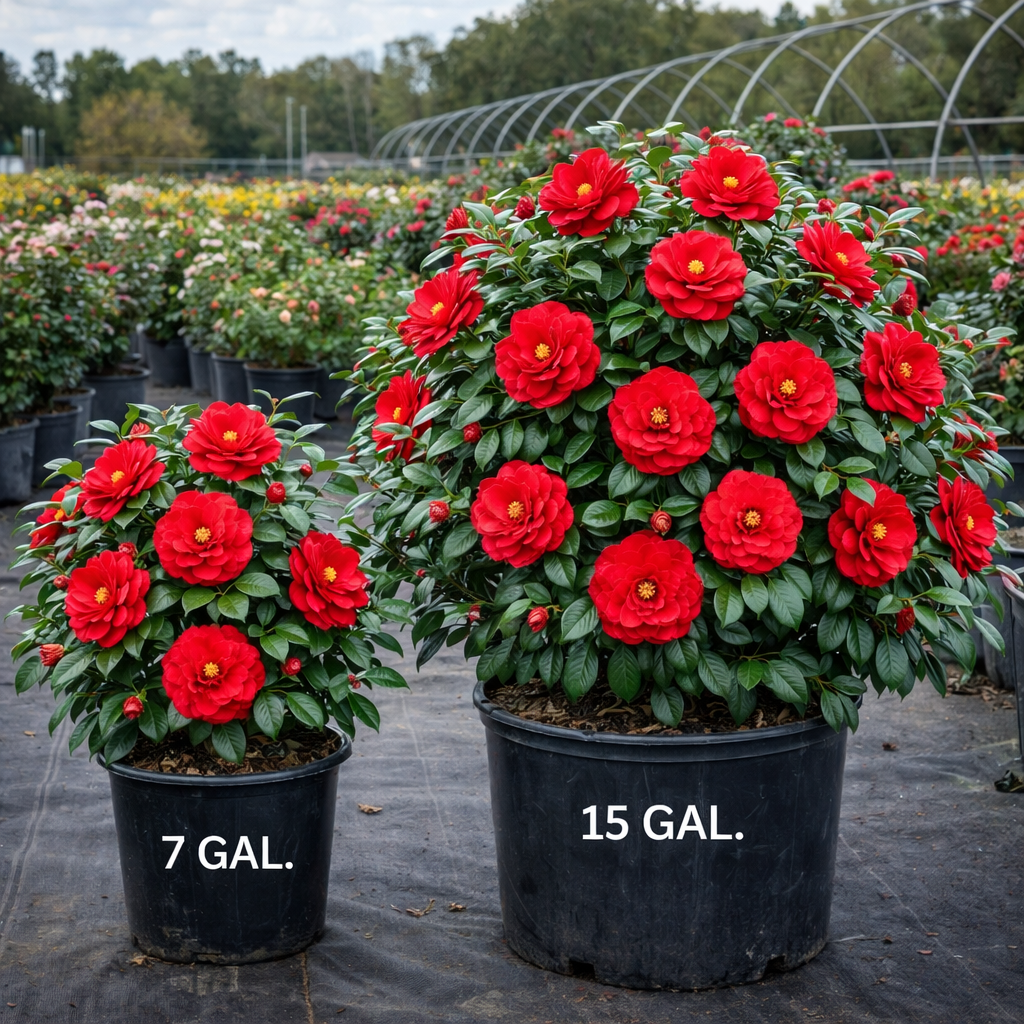 Two potted plants with red flowers labeled '7 GAL.' and '15 GAL.' in a nursery setting.