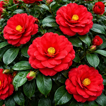 Red flowers with yellow centers on a green leafy background
