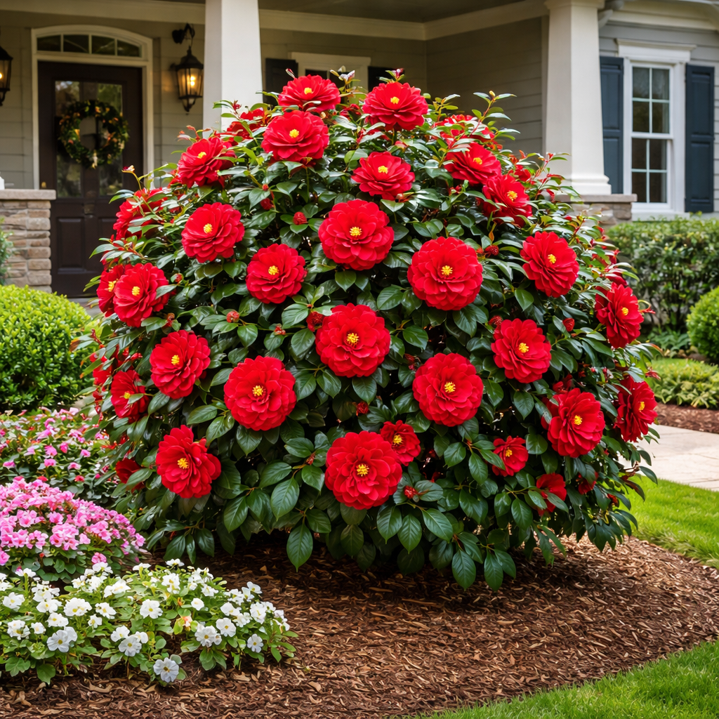 Bush with red flowers in a garden setting in front of a house