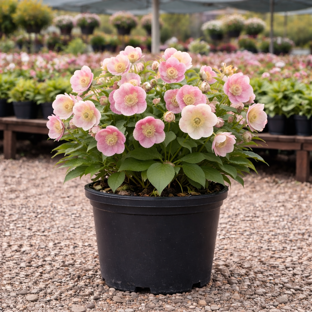 Potted plant with pink flowers in a garden setting